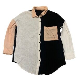 Colorblock Cotton Crinkle Oversized Button Down Shirt Size Large